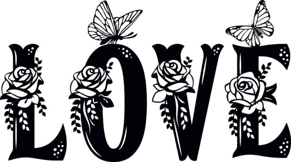 Cuadro LOVE floral con mariposas – 4 piezas, 40 × 72 cm